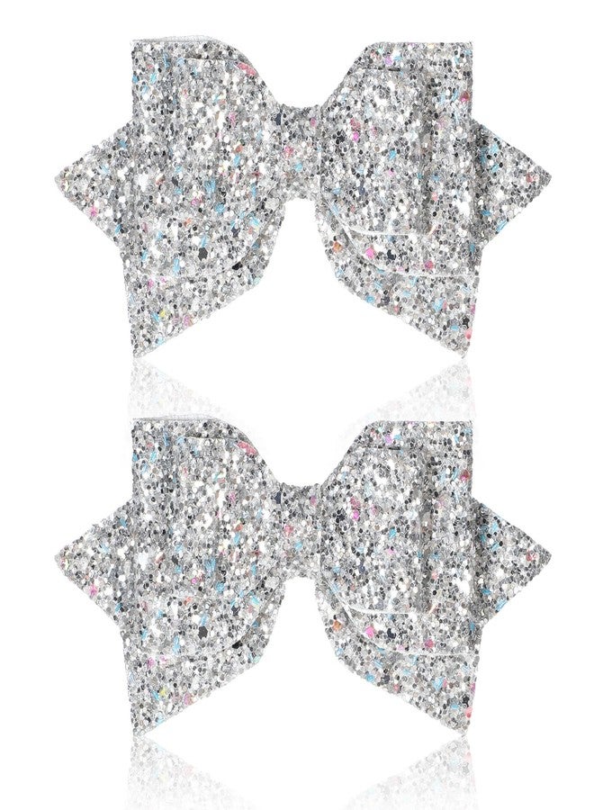 Styquenzer 2 Pcs Silver Hair Bow Clips, 5 Inch Glitter Hair Bows for Girls Sparkly Double Bowed Accessories Glitter Sequin Boutique Head Clip Delicate Satin Headwear for Birthday Wedding Party Back School Gift - Image 1